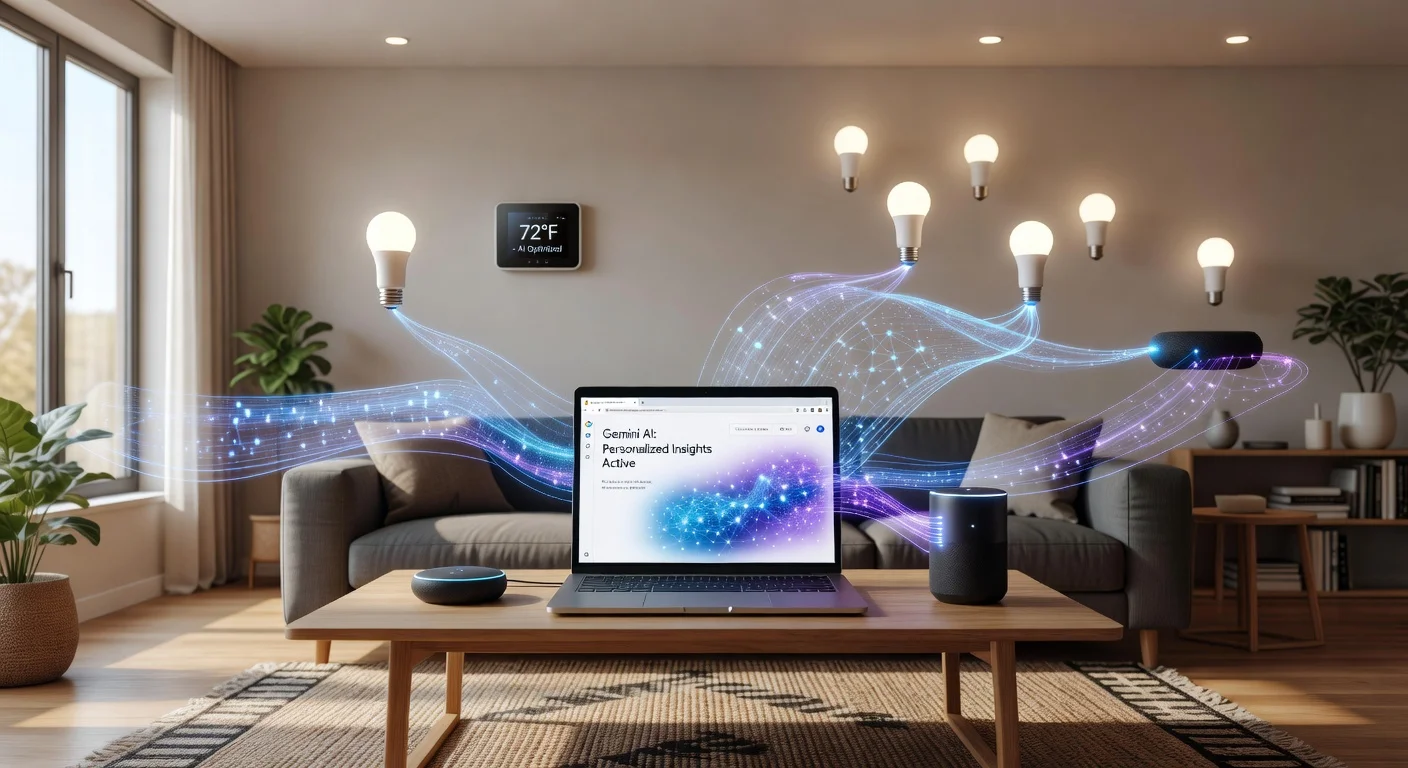 Illustration of Google Gemini AI in a smart home with devices and Chrome browser on laptop.