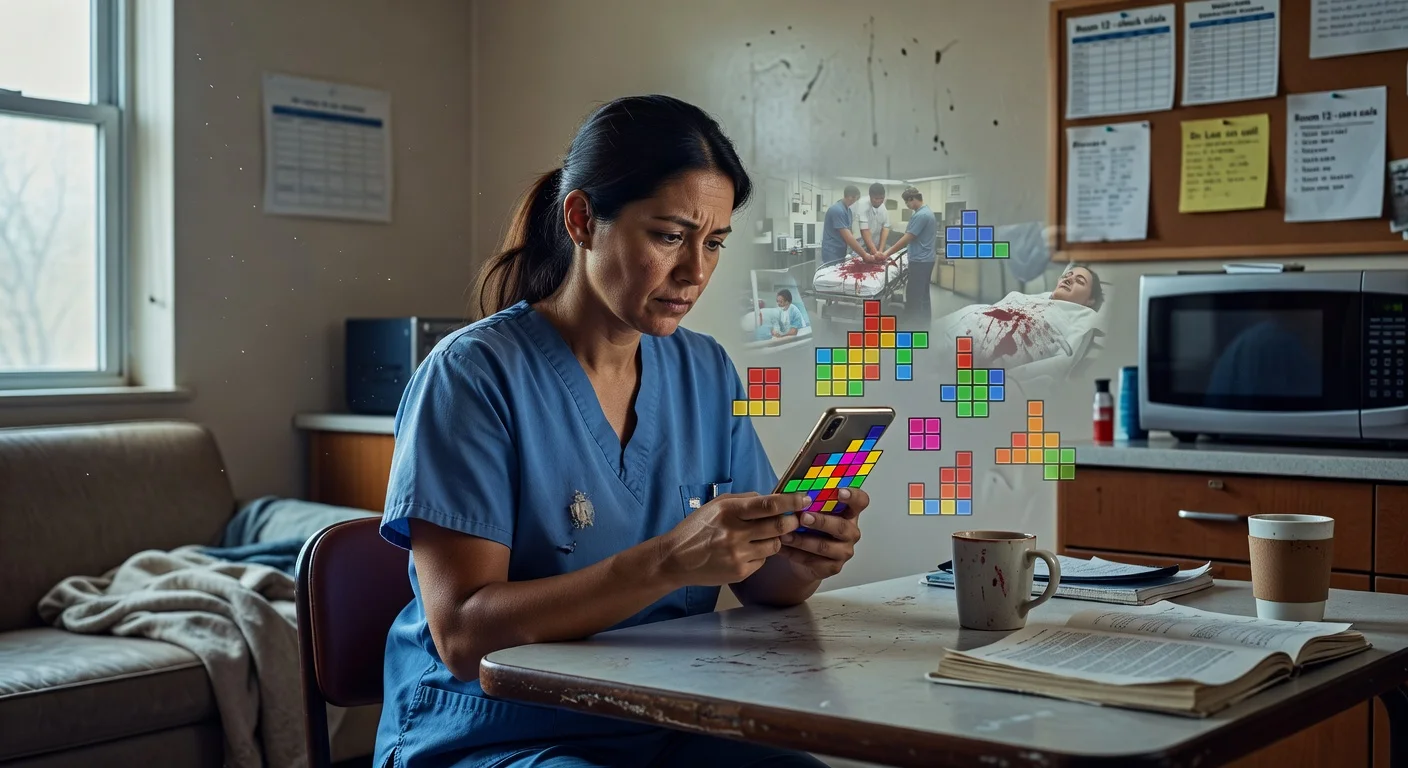 A nurse playing Tetris on her phone with fading traumatic images, illustrating a study on Tetris reducing flashbacks.
