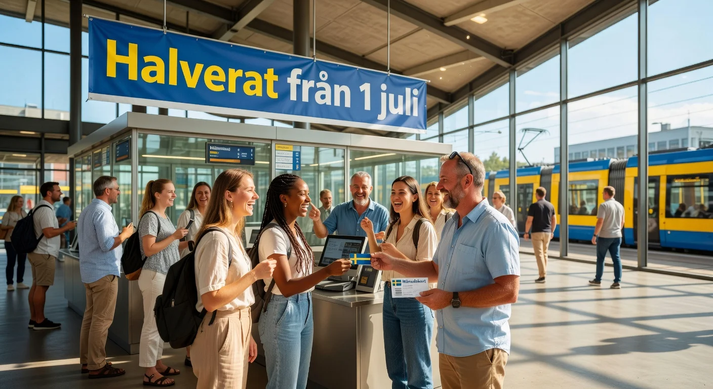 Illustration of commuters purchasing discounted monthly public transport passes in Sweden.