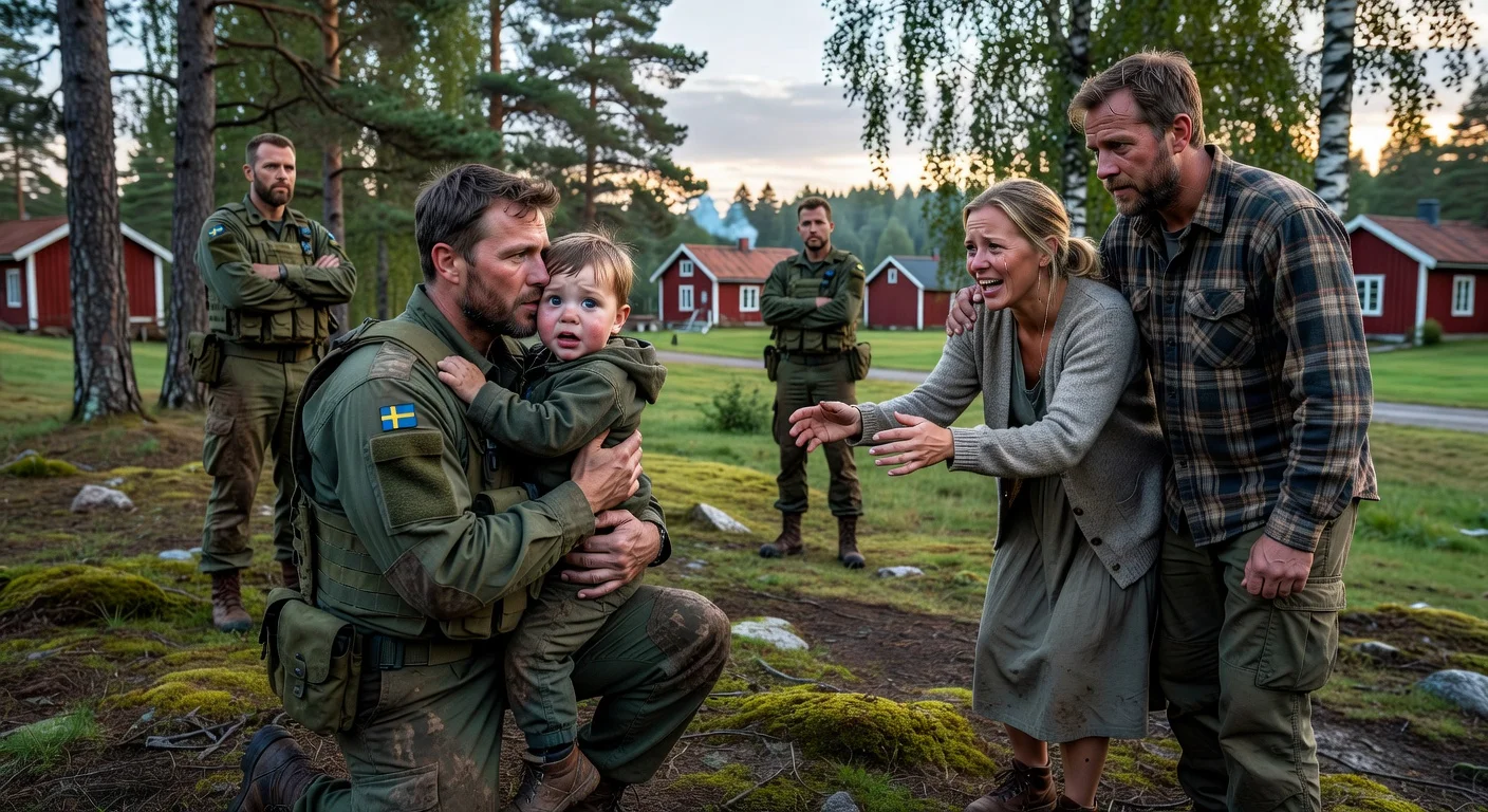 Illustration of two-year-old Lucas found safe by home guard soldiers in Nyåker after 14 hours.
