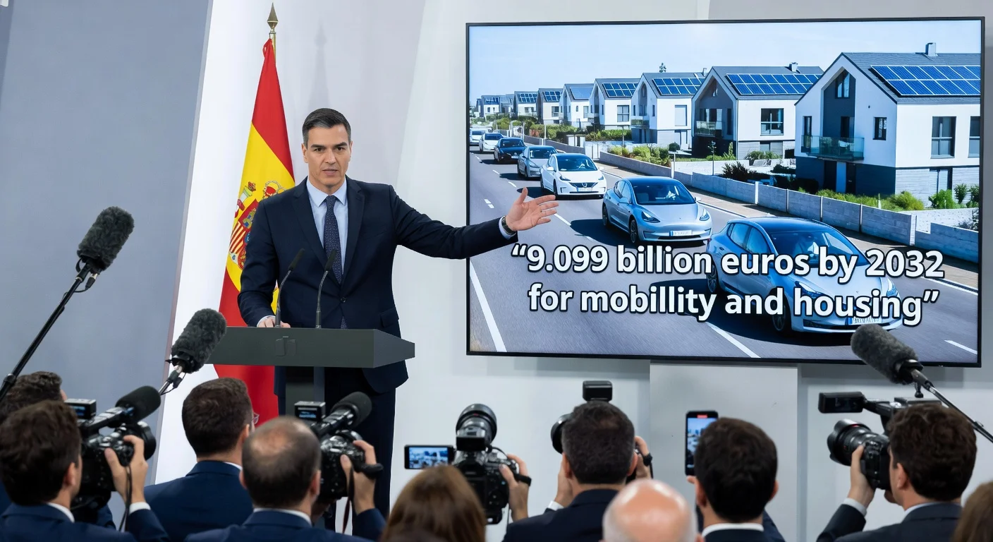 Prime Minister Pedro Sánchez presenting the Social Climate Plan with visuals of electric cars and efficient homes.
