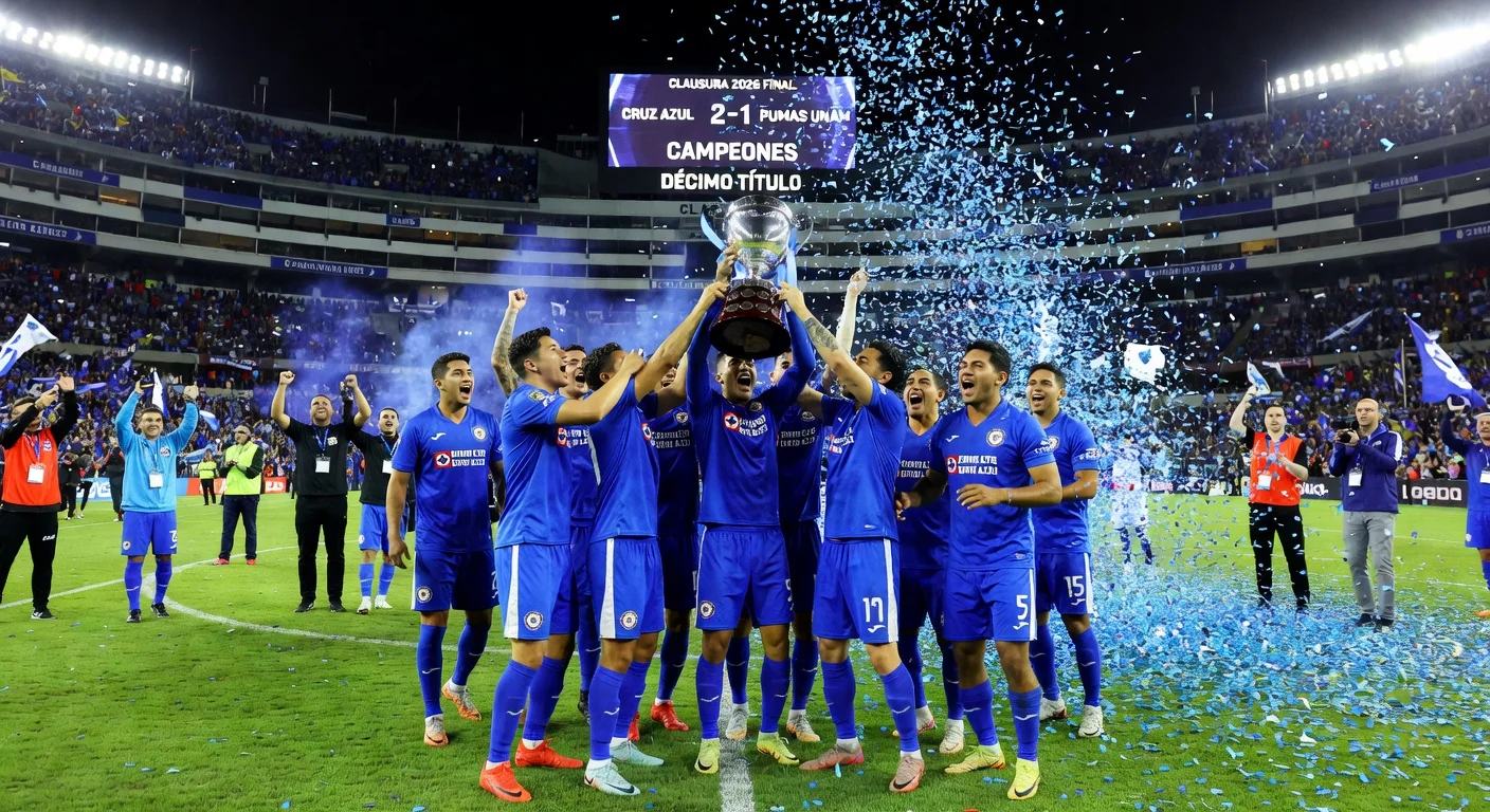 Cruz Azul players celebrating their championship victory with the trophy at the stadium.