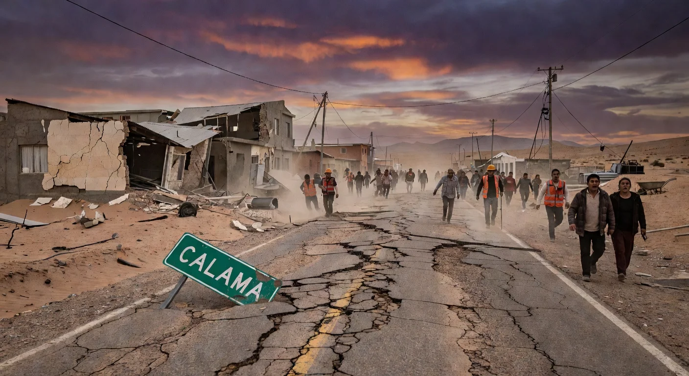 Damaged roads and buildings in northern Chile after a major earthquake, with people evacuating.