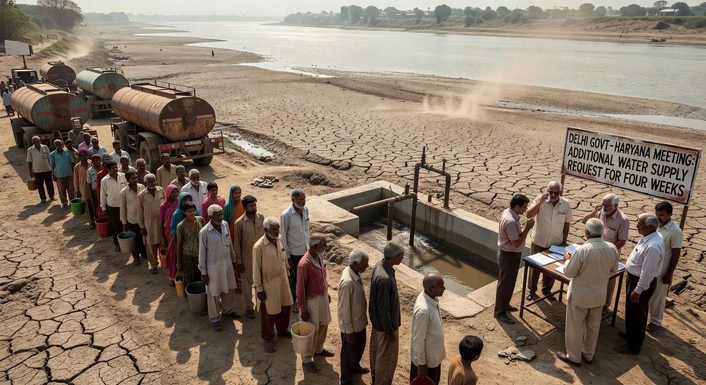 Illustration of Delhi's heatwave-induced water crisis showing the dry Yamuna river and officials discussing water sharing with Haryana.