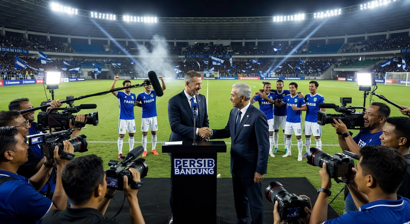 Press conference at Persib Bandung stadium showing coach departure after Super League win.