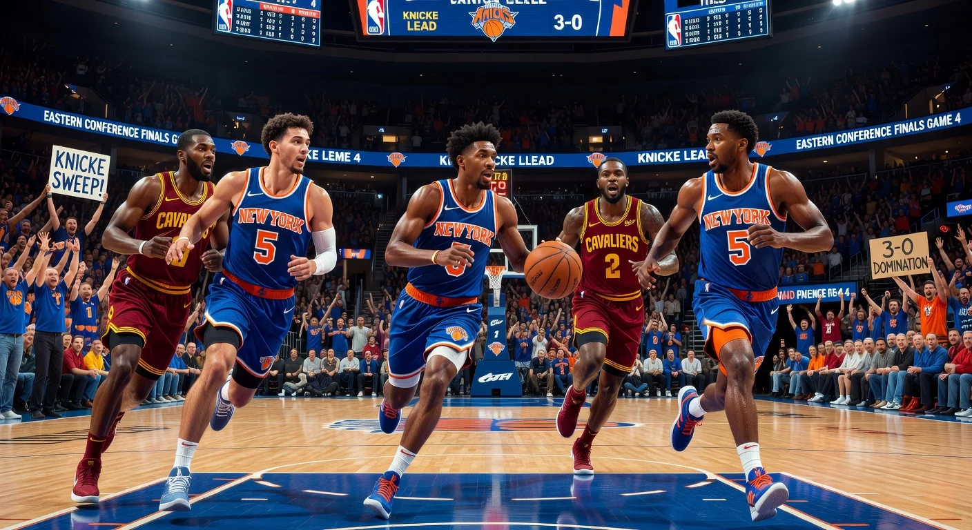 Realistic illustration of Knicks vs Cavaliers NBA playoff game at Rocket Arena showing Knicks in action.