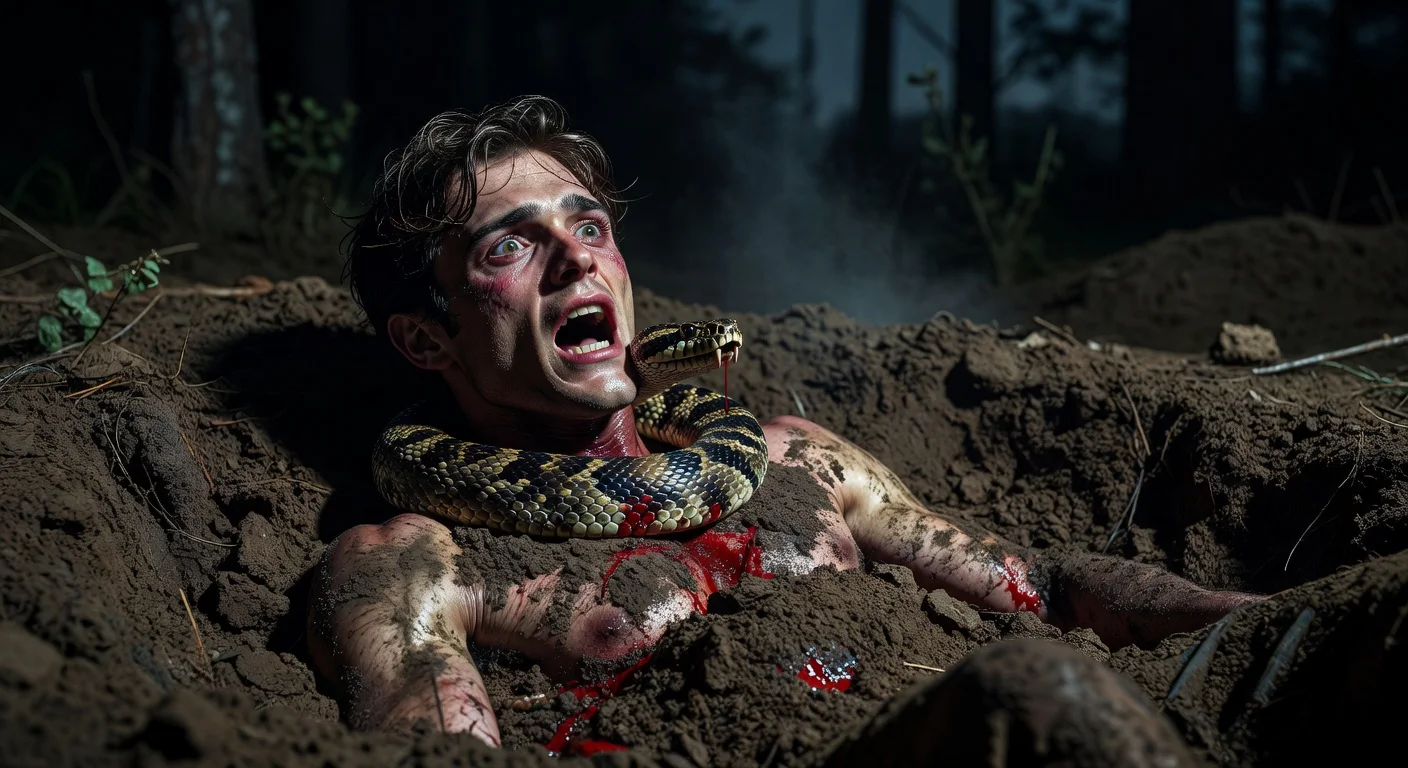 Dramatic scene of Nate Jacobs buried alive and bitten by a snake in Euphoria, featuring Jacob Elordi.