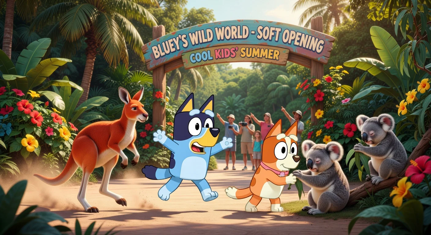 Bluey and Bingo with Australian animals at the soft opening of their new attraction in Disney's Animal Kingdom.