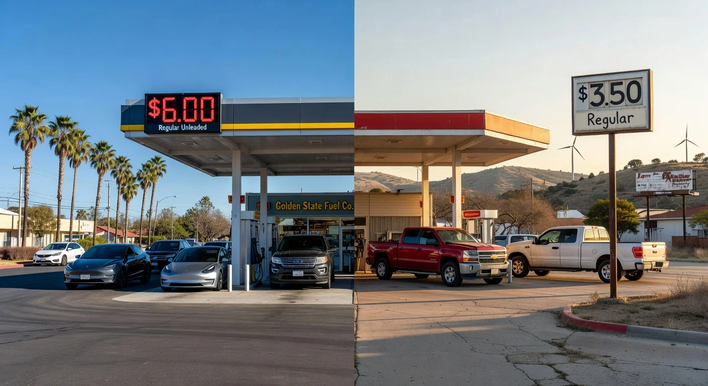 Split image of gas stations in California and Texas showing different fuel prices.