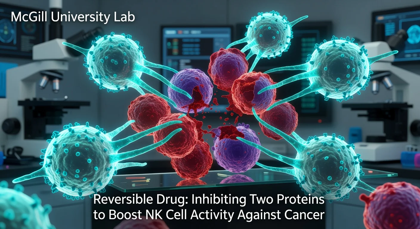 Microscopic view of enhanced natural killer cells attacking cancer cells due to a drug developed by McGill researchers.