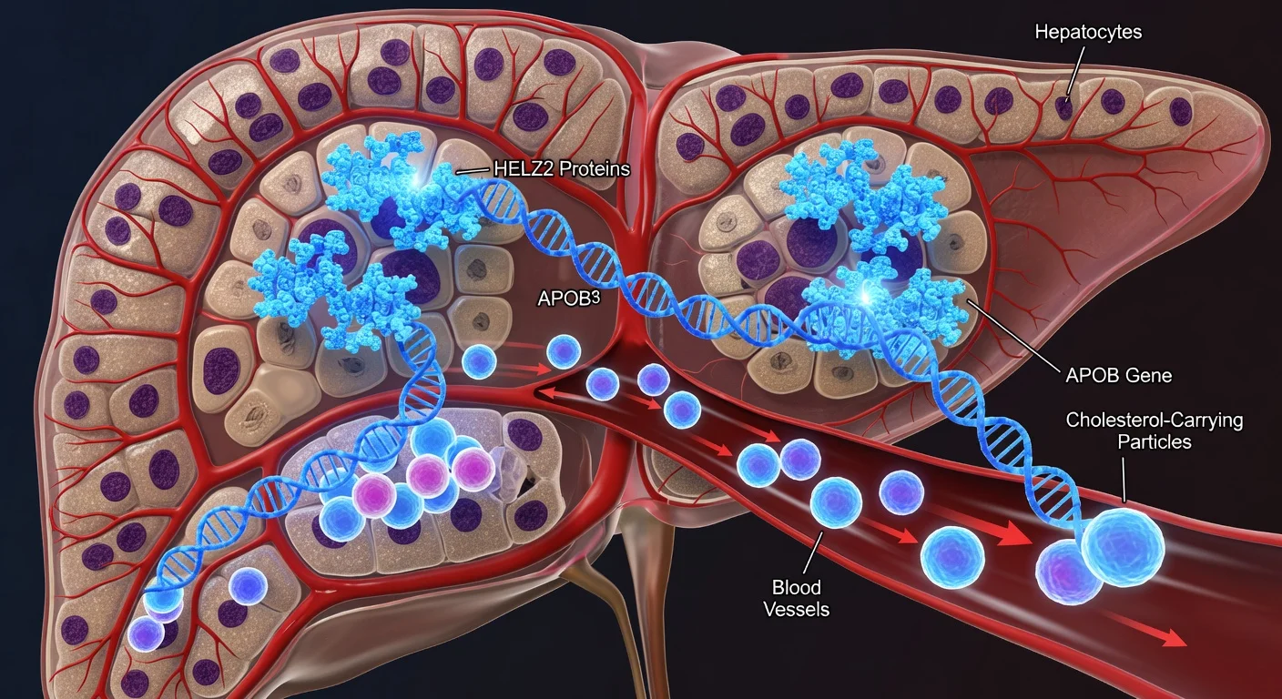 Scientific illustration of HELZ2 protein in the liver regulating cholesterol release.