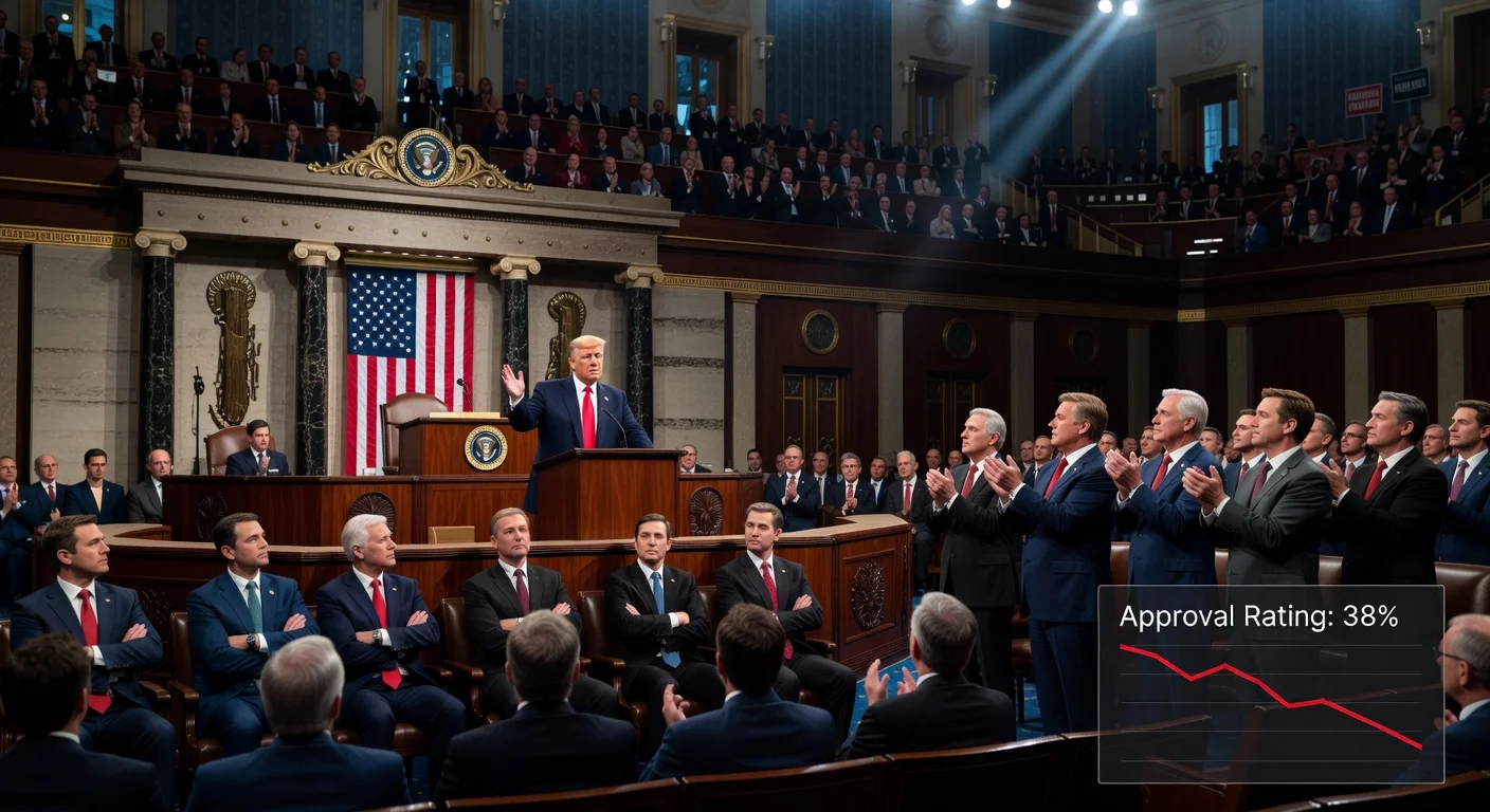 President Trump at State of the Union podium, with cheering Republicans and skeptical Democrats, evoking political challenges.