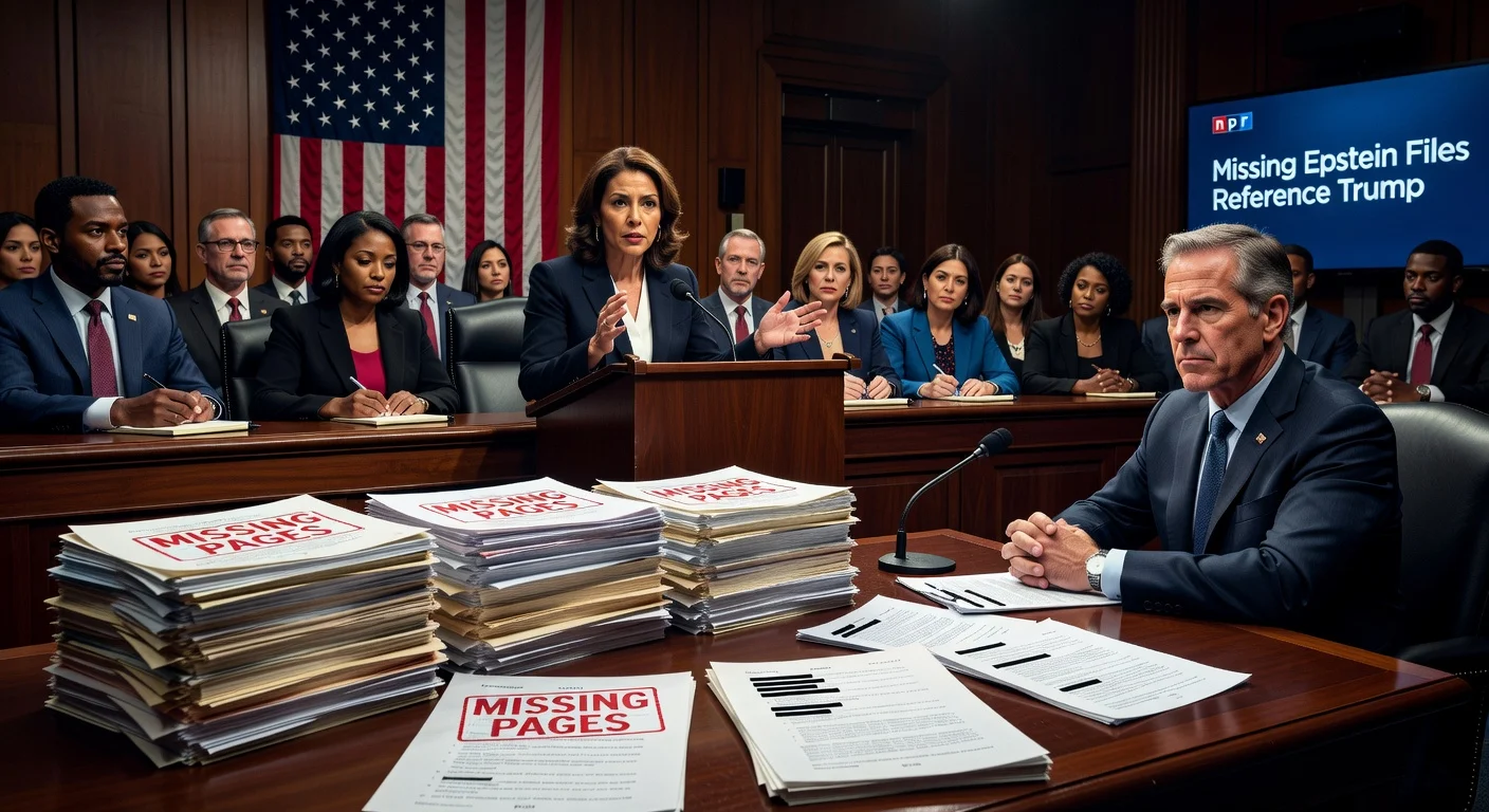 Illustration depicting House Democrats probing DOJ over missing Jeffrey Epstein file pages referencing Trump allegations during a congressional hearing.