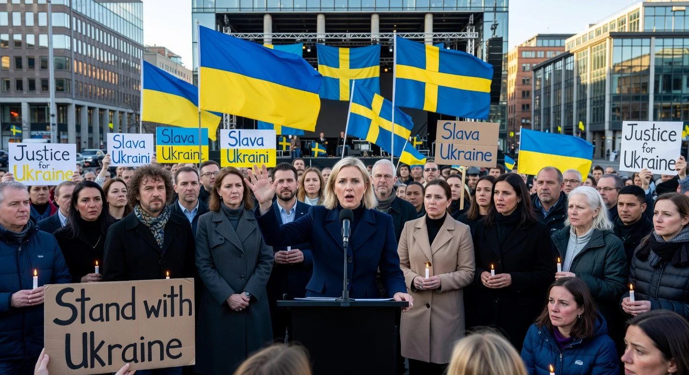 Crowd at Stockholm's Sergels Torg rallying for Ukraine's fourth invasion anniversary, Swedish Foreign Minister Maria Malmer Stenergard addressing the gathering.