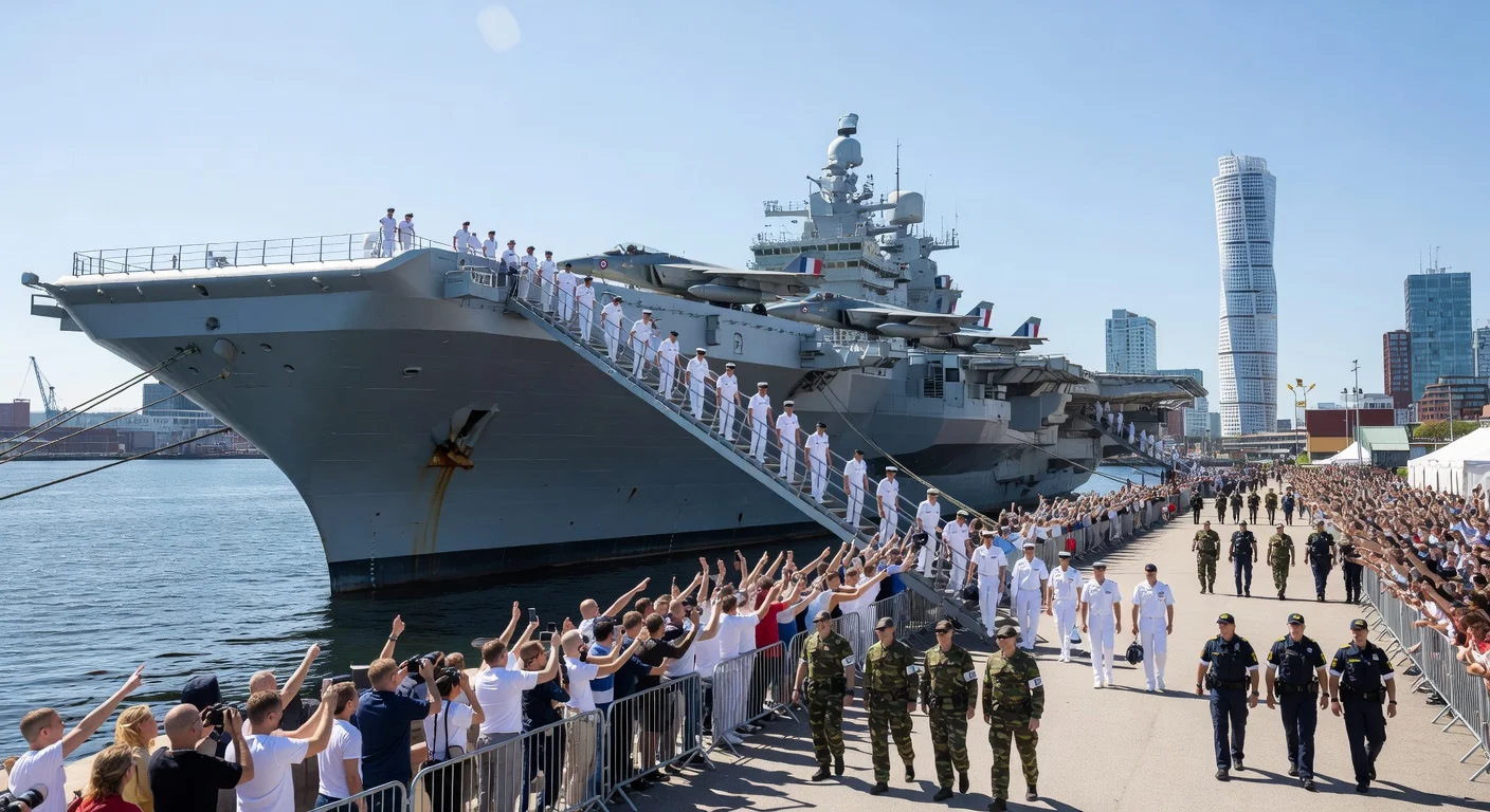 French aircraft carrier Charles de Gaulle arrives in Malmö for NATO exercise, drawing crowds and security presence.