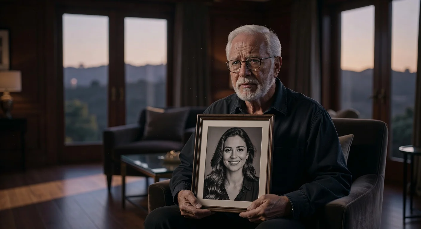 Martin Short in somber grief holding photo of late daughter Katherine, realistic news illustration.