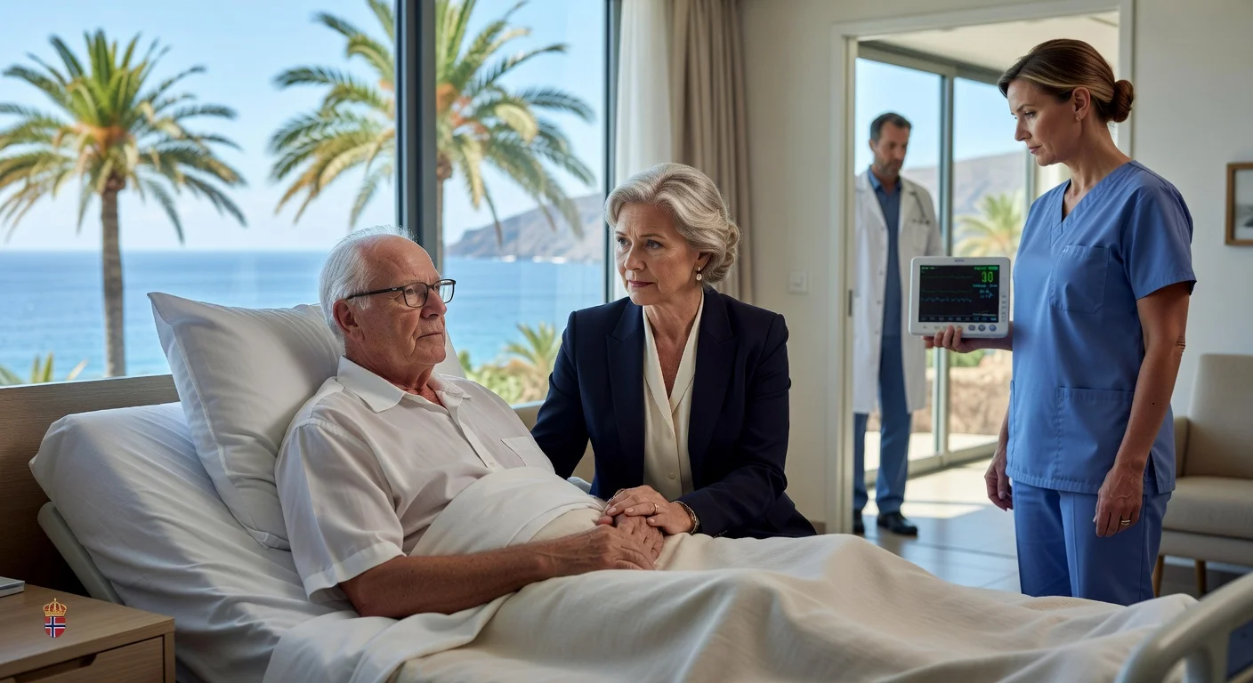 Illustration of King Harald V hospitalized on Tenerife with Queen Sonja at his bedside, overlooking tropical views.