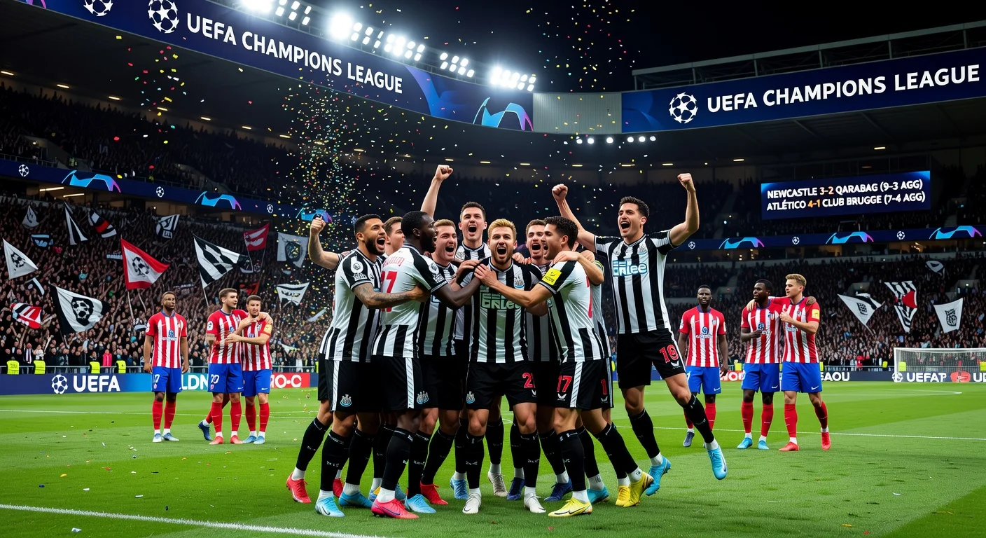 Newcastle United and Atletico Madrid players celebrating advancement to UEFA Champions League last 16 amid cheering fans.