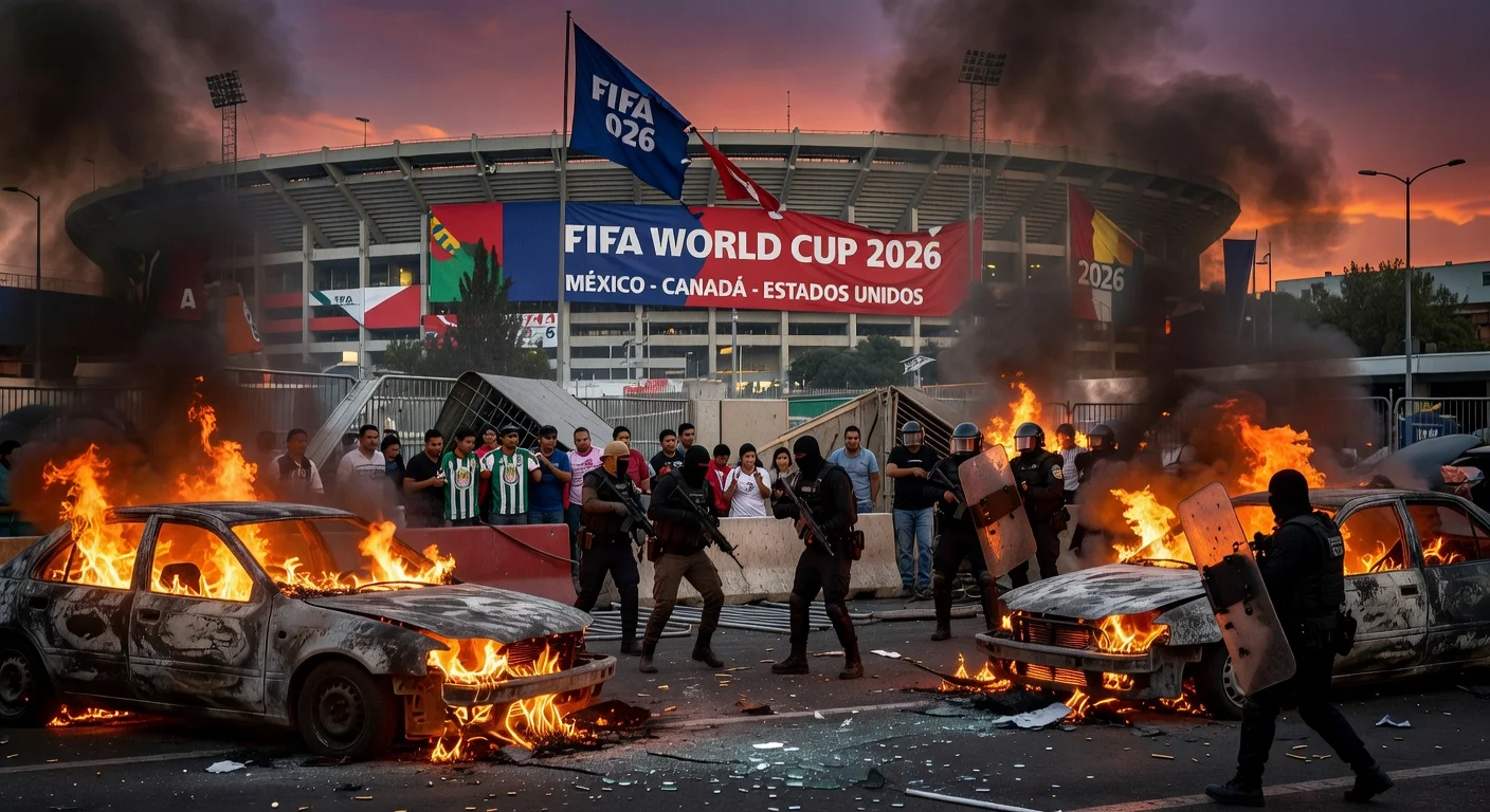 Dramatic scene of cartel violence near a 2026 World Cup stadium in Guadalajara, Mexico, with burning cars, police, and smoke.
