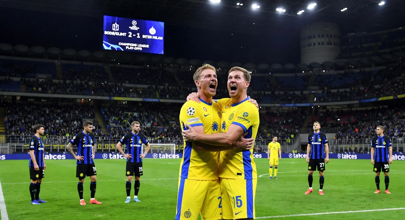 Bodø/Glimt players celebrate shocking 2-1 win over Inter Milan at San Siro, advancing in Champions League play-offs.