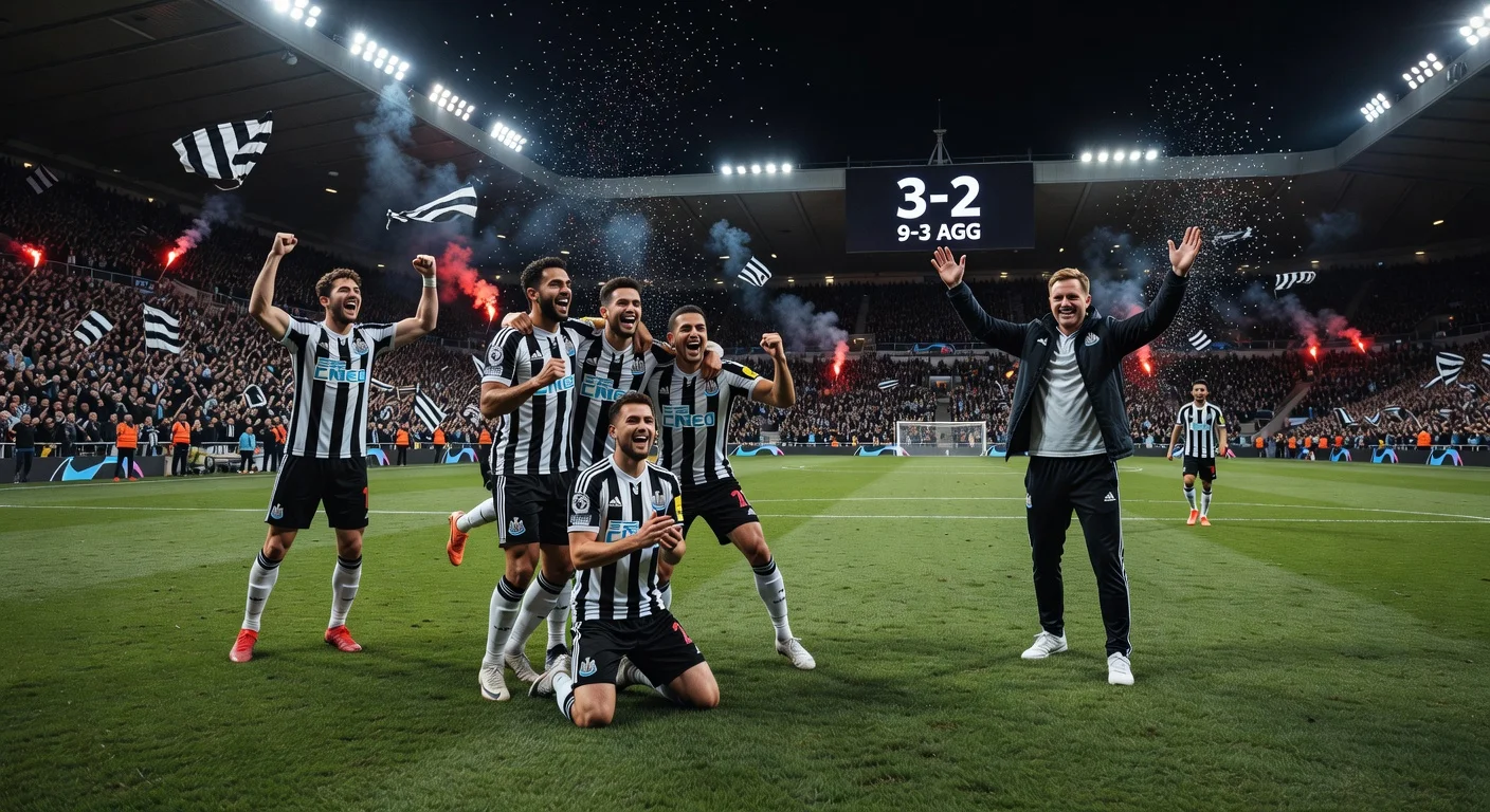 Newcastle United fans and players celebrate advancing to Champions League last 16 after 3-2 win over Qarabağ at St. James' Park.