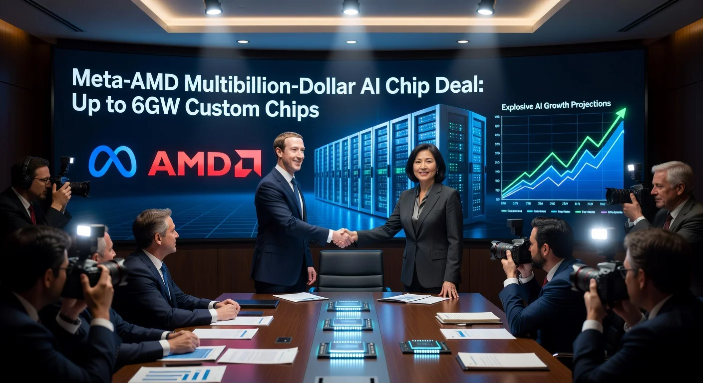 Executives from Meta and AMD shaking hands to announce a multibillion-dollar deal for custom AI chips, with logos and tech visuals on a backdrop screen.