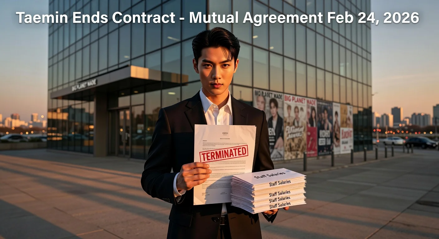 Photorealistic image of SHINee's Taemin terminating his contract with Big Planet Made Entertainment, holding termination papers and symbolic staff salary payments outside the agency building.