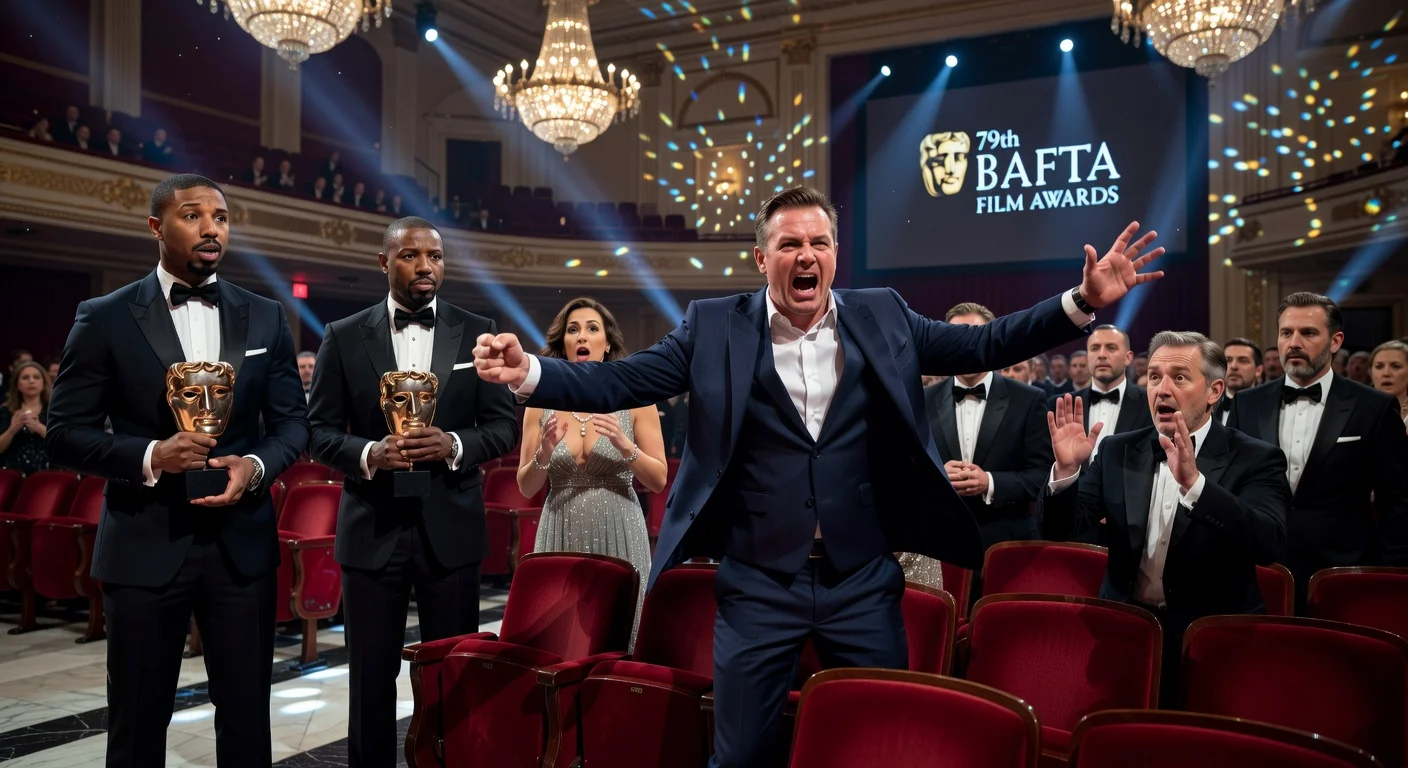 Realistic depiction of John Davidson's involuntary Tourette’s tic interrupting presenters Michael B. Jordan and Delroy Lindo at the BAFTA Awards.