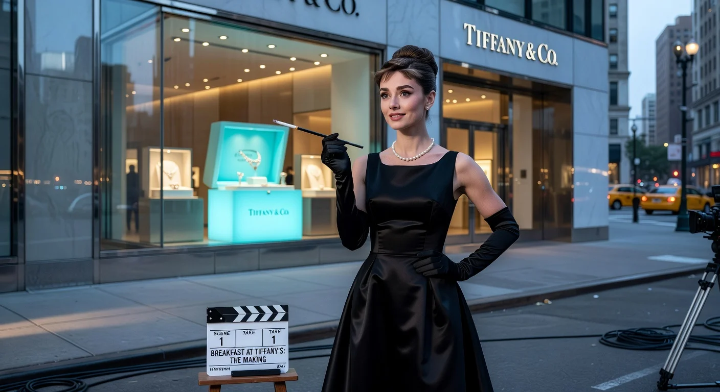 Lily Collins portraying Audrey Hepburn outside Tiffany's for Breakfast at Tiffany’s making-of film casting announcement.