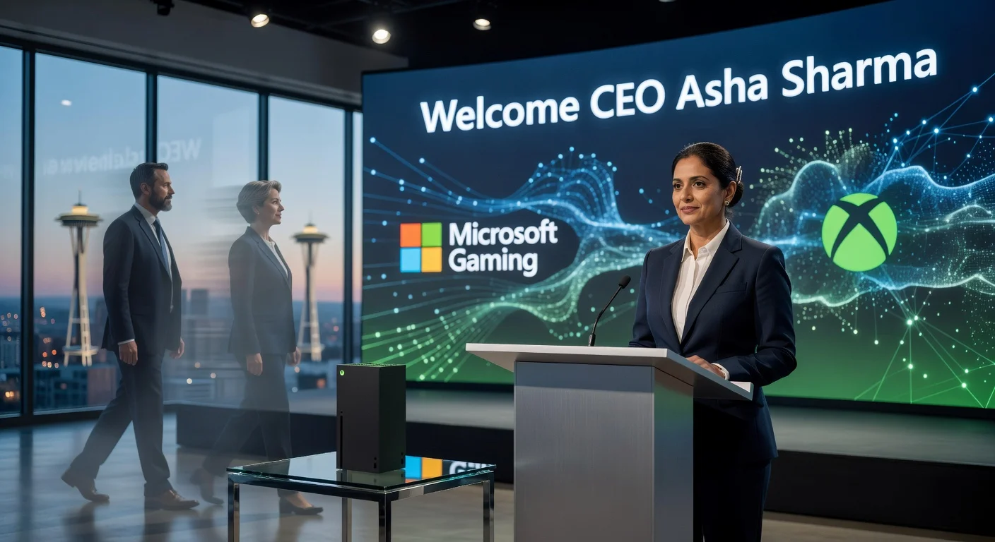 Asha Sharma, new Microsoft Gaming CEO, at podium in high-tech office with Xbox, AI visuals, and outgoing leaders fading, symbolizing leadership shift.