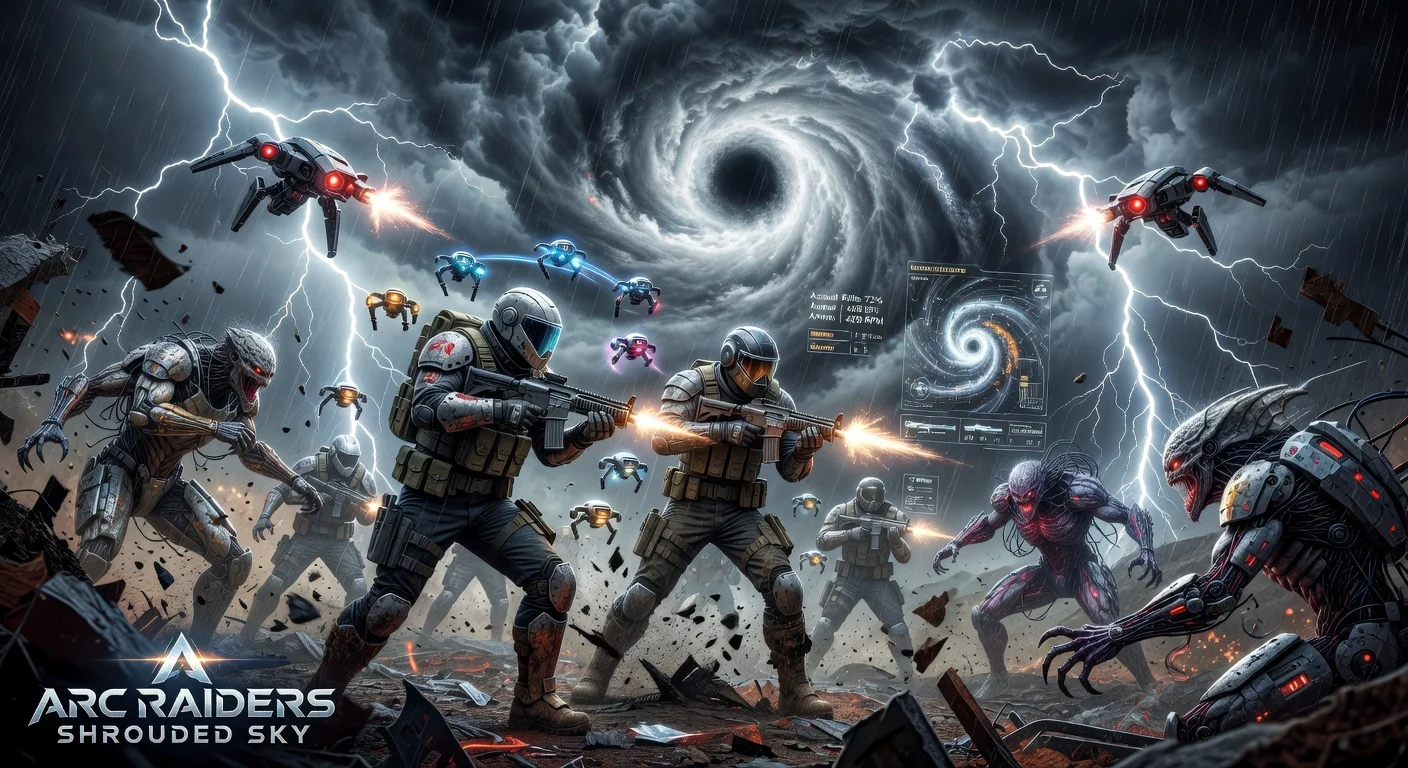 Illustrative image of Arc Raiders Shrouded Sky update, depicting raiders fighting new ARC enemies amid a hurricane in the Rust Belt.