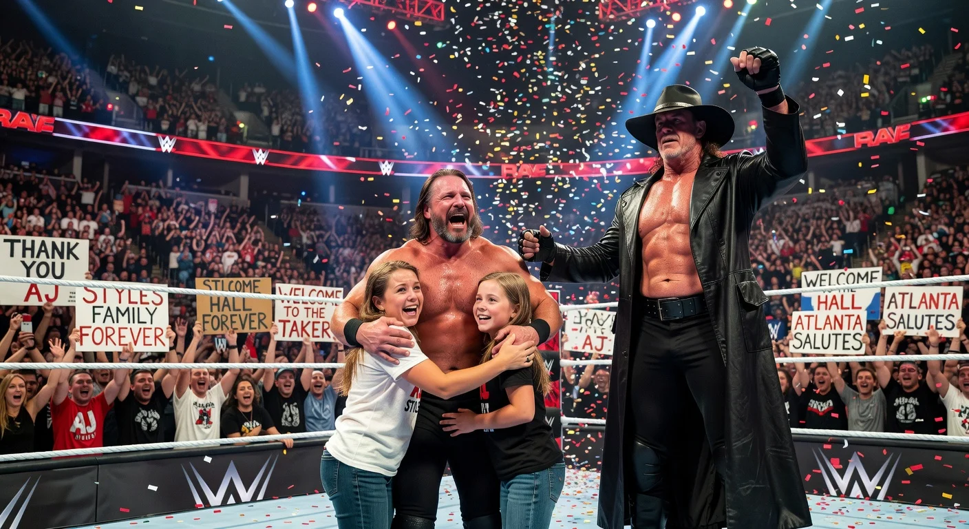 Undertaker surprises retiring AJ Styles with 2026 WWE Hall of Fame induction announcement in the ring, as Styles celebrates emotionally with his family amid cheering fans.