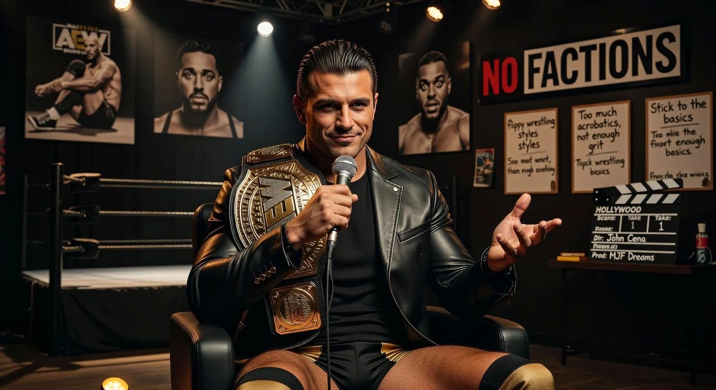 Photorealistic illustration of AEW Champion MJF in a reflective Self Made Pro interview, showcasing his championship belt and wrestling career motifs.