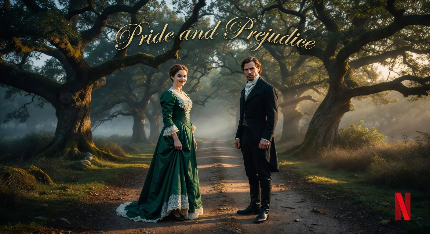Illustrative teaser image of Emma Corrin as Elizabeth Bennet and Jack Lowden as Mr. Darcy from Netflix's Pride and Prejudice adaptation, with Netflix branding.