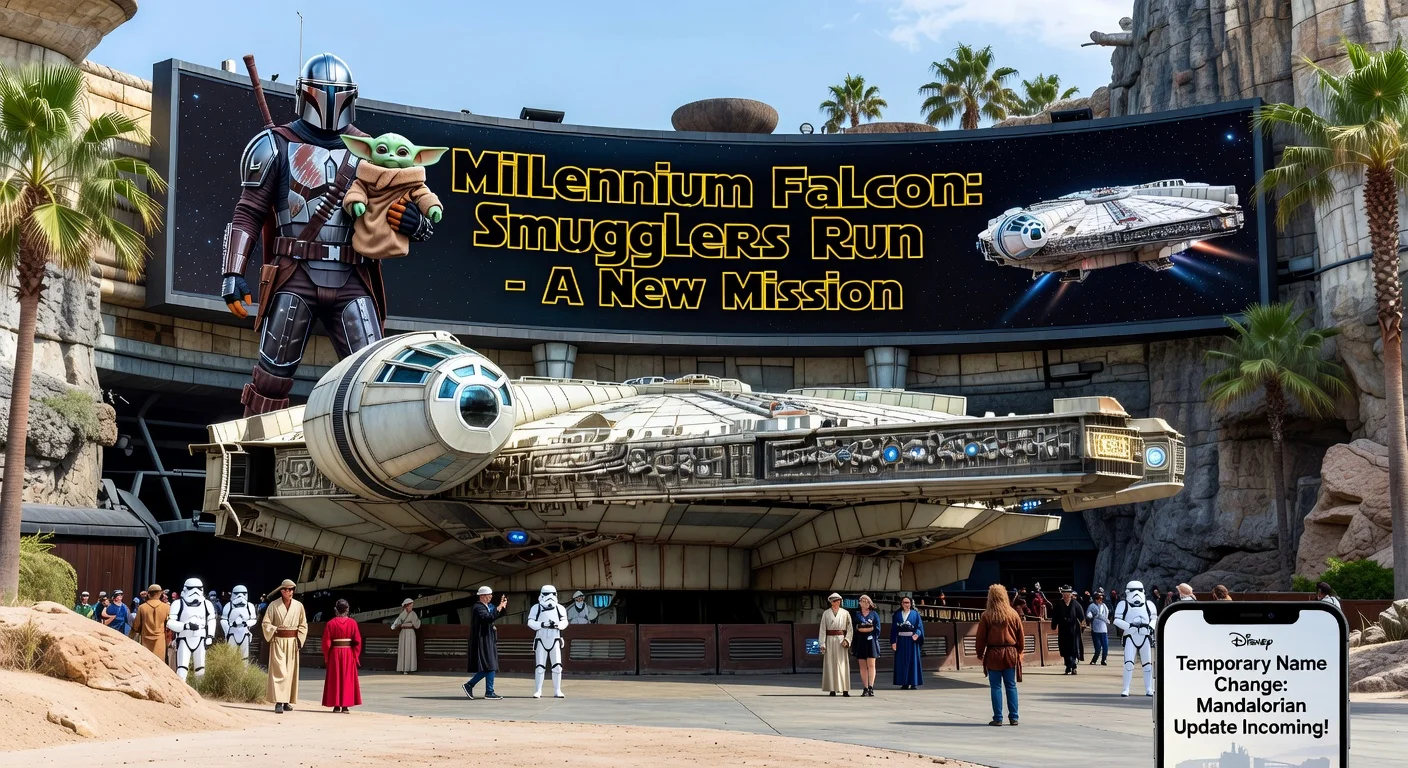 Photorealistic image of Disney's Millennium Falcon ride with temporary 'A New Mission' sign featuring The Mandalorian and Grogu, illustrating the brief name change ahead of 2026 update.