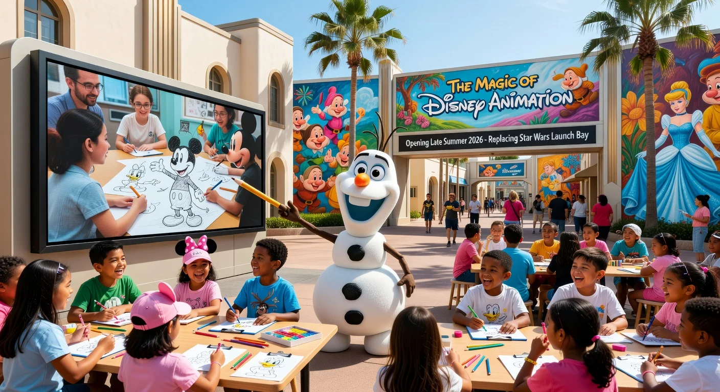 Photorealistic depiction of Olaf animatronic leading a drawing class in Disney's upcoming 'The Magic of Disney Animation' at Hollywood Studios.