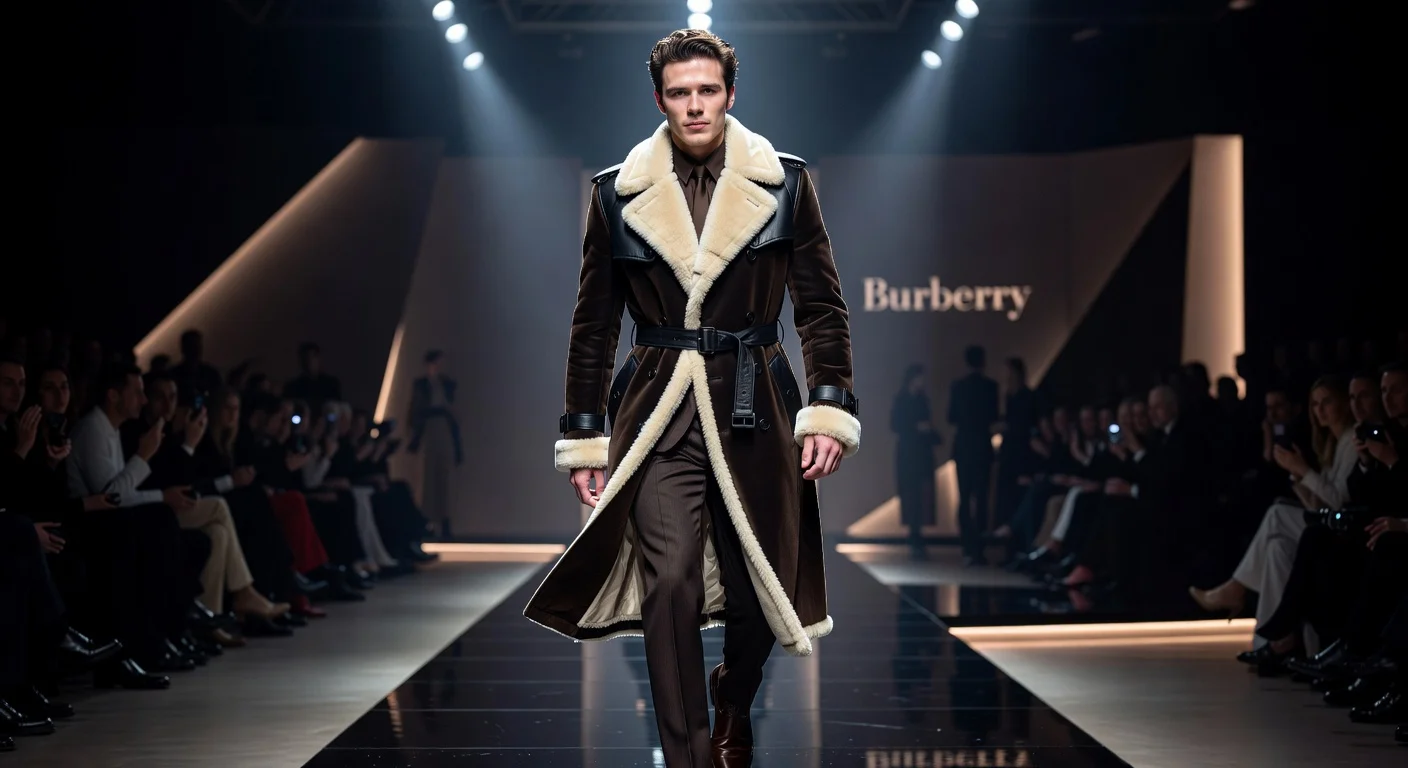 Romeo Beckham walks the Burberry runway in a fur-trimmed trench coat at London Fashion Week's closing show.