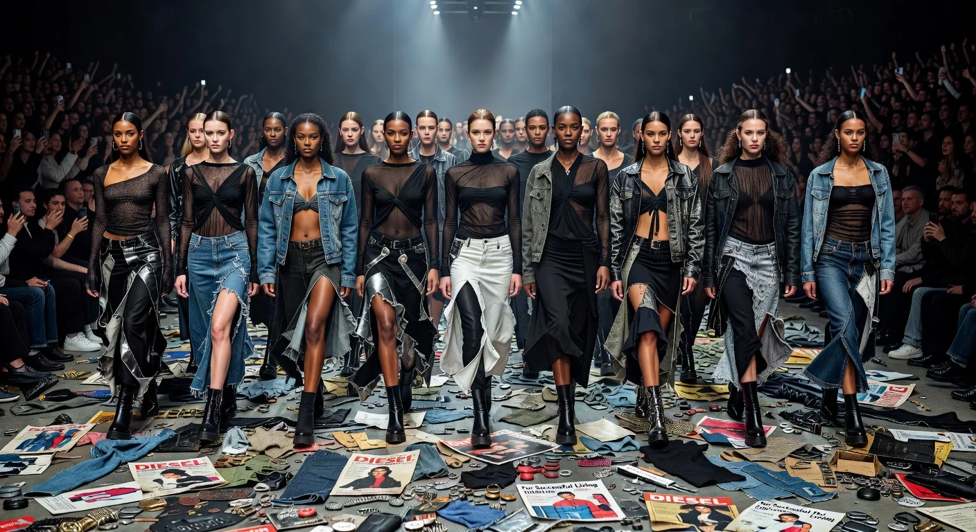 Diesel fall 2026 runway at Milan Fashion Week: models in twisted, disheveled 'walk of shame' outfits amid 50,000+ memorabilia pieces.