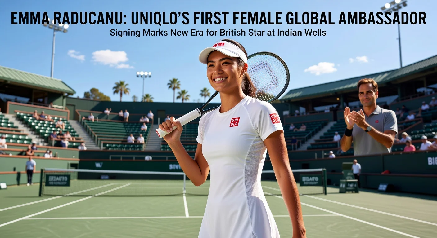 Emma Raducanu in Uniqlo tennis gear on Indian Wells court, aligning with Roger Federer as brand's first female global ambassador.
