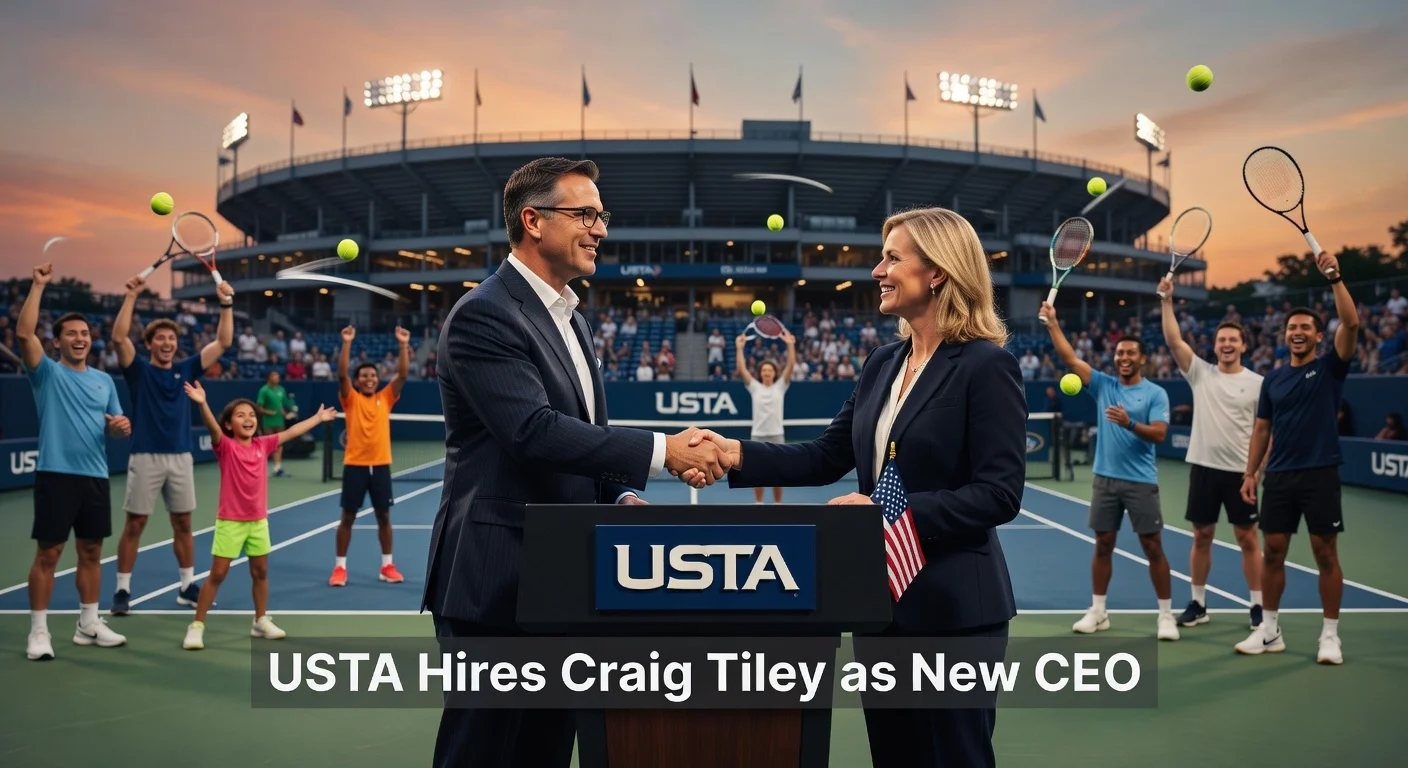 Illustration of Craig Tiley's appointment as USTA CEO, shaking hands at press conference with US Open stadium and diverse tennis players in background.