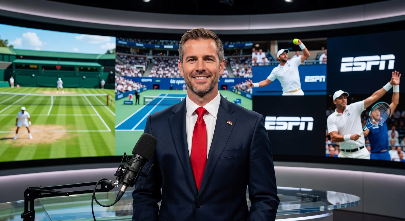 Andy Roddick in ESPN studio with Wimbledon and US Open branding, announcing his new role as tennis analyst.