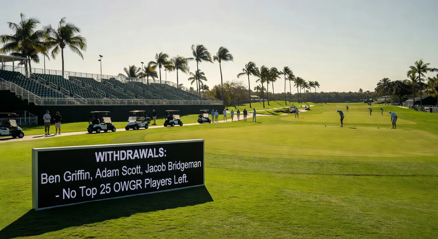 Golf course leaderboard at Cognizant Classic showing top player withdrawals, empty stands symbolizing tournament's challenges.
