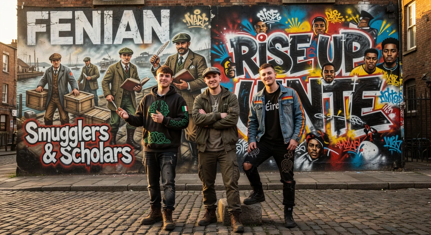 Photorealistic image of Kneecap rap trio on a Dublin street with revolutionary mural for 'Smugglers & Scholars' single from 'FENIAN' album.