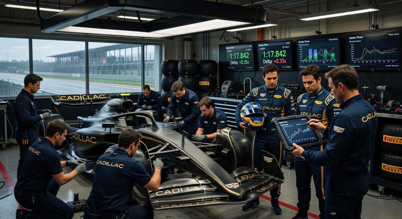 Cadillac F1 team with drivers Perez and Bottas in pit garage, preparing car amid pre-season testing challenges for 2026 debut.