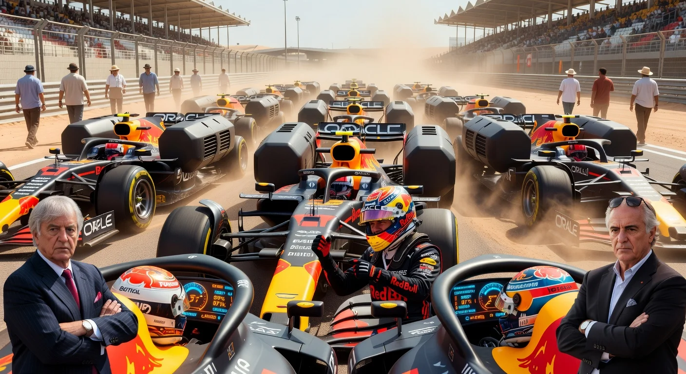 Dramatic illustration showing predicted chaos of 2026 Formula 1 rules with struggling energy-focused cars, frustrated Max Verstappen, and concerned Ecclestone and Briatore.