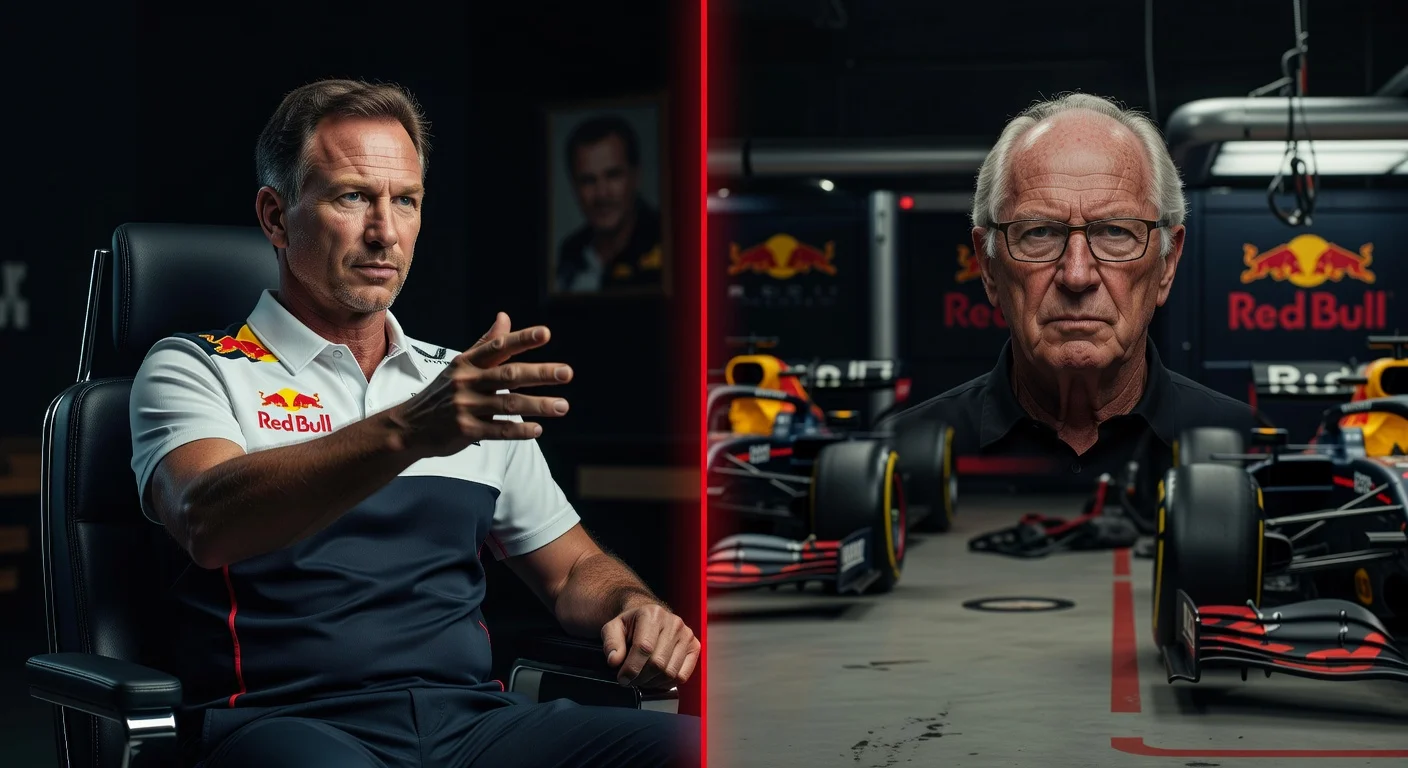 Dramatic split-image of Christian Horner accusing Helmut Marko in a Drive to Survive-style interview amid Red Bull F1 internal drama.