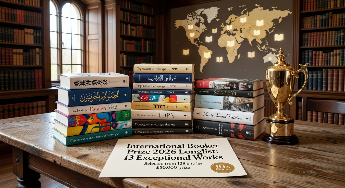 Realistic illustration of the International Booker Prize 2026 longlist announcement, showcasing 13 diverse translated books on a library table with prize details.