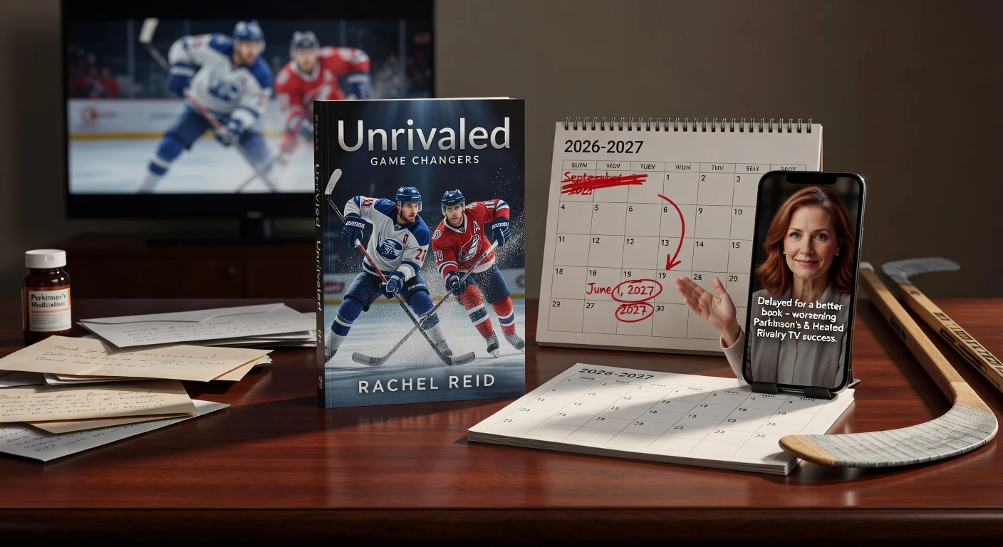 Illustration of Rachel Reid announcing 'Unrivaled' book delay to June 2027 due to health and schedule, featuring book cover, calendar, and Instagram video.