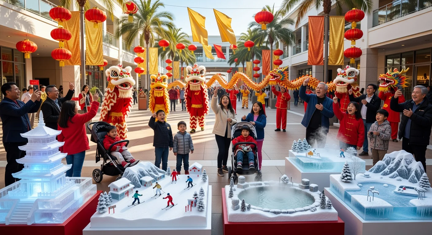 Vibrant scene of Chinese New Year celebration and winter tourism showcase with interactive displays and performers at Fashion Island, Newport Beach.
