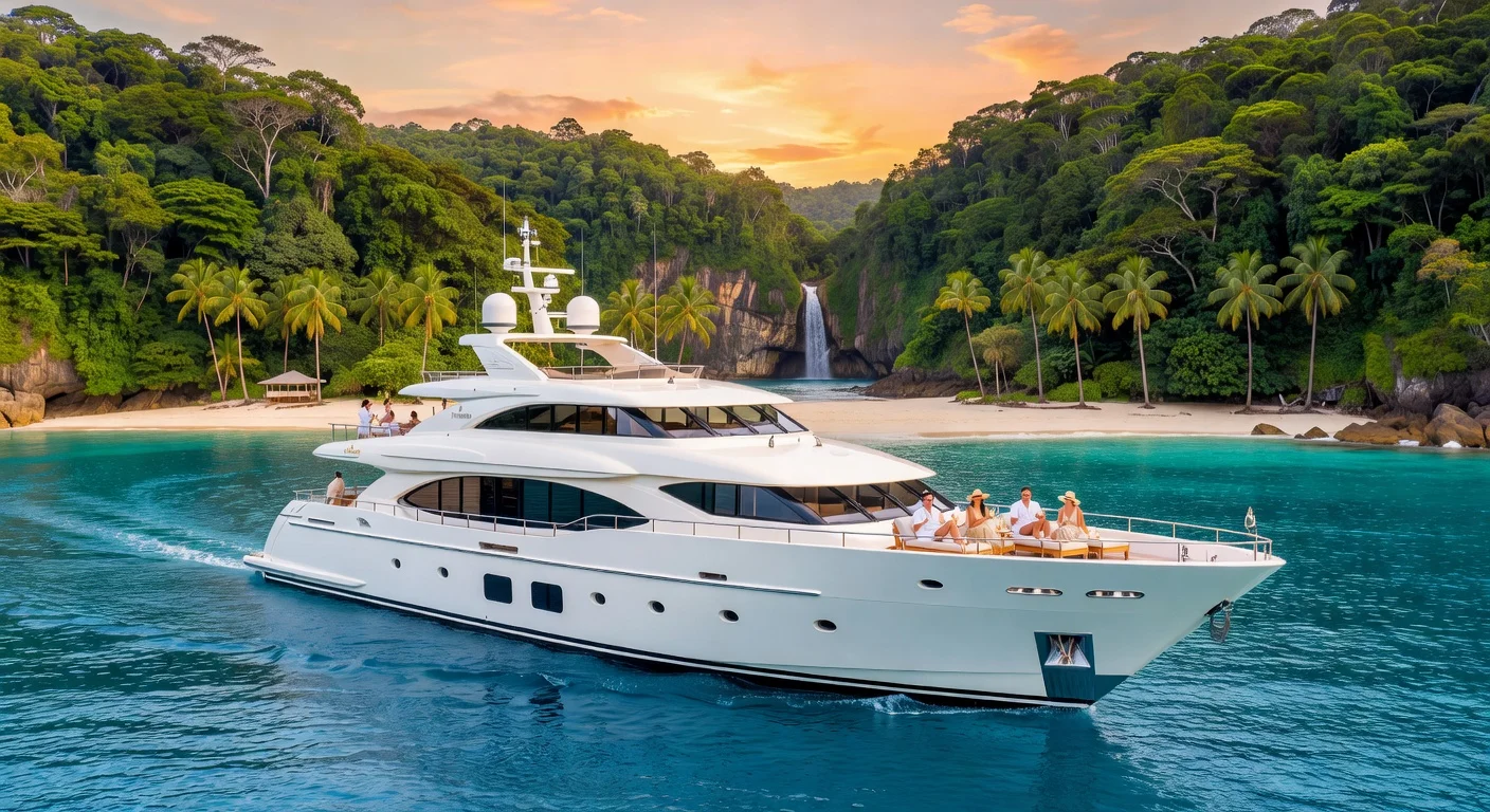 Luxury Four Seasons Yacht entering a secluded Costa Rican Caribbean harbor at sunset, with elegant guests enjoying the view.